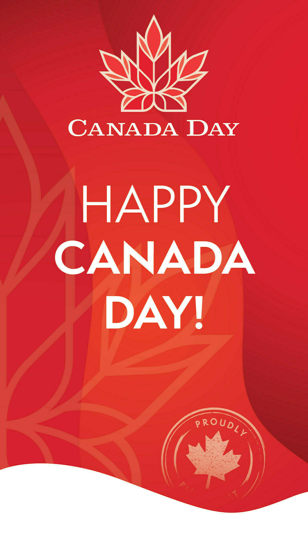 Auto-generated description: A red and white design featuring a maple leaf graphic and the text Canada Day and Happy Canada Day!