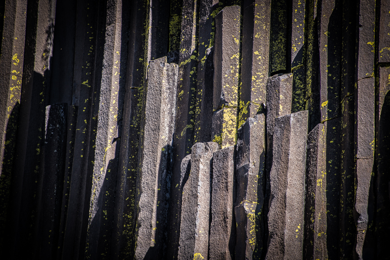 Auto-generated description: Dark, vertically oriented basalt columns with patches of yellow-green lichen create a striking natural pattern.
