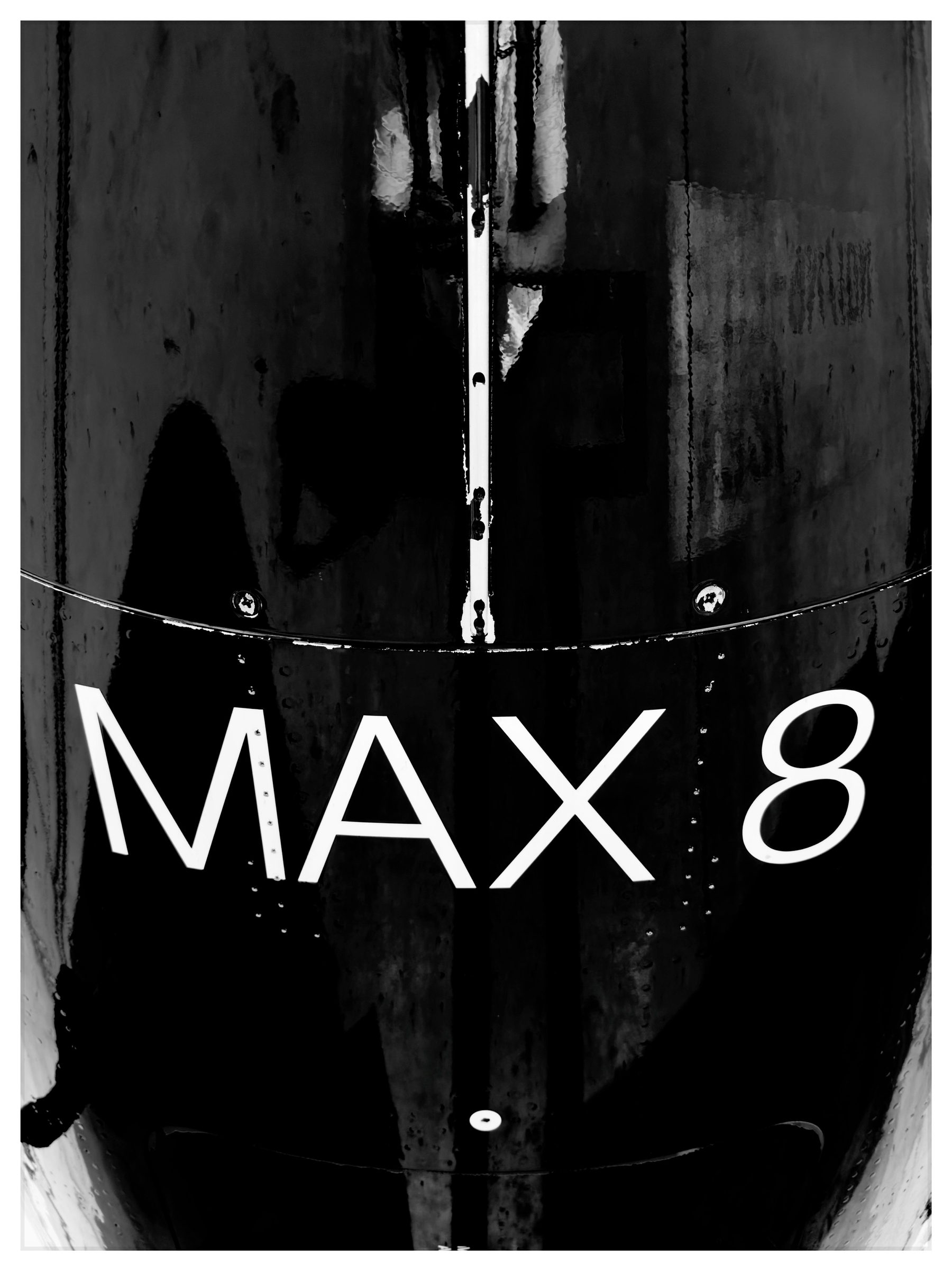 Auto-generated description: A close-up view of an aircraft's nose with the text MAX 8 emblazoned on it.