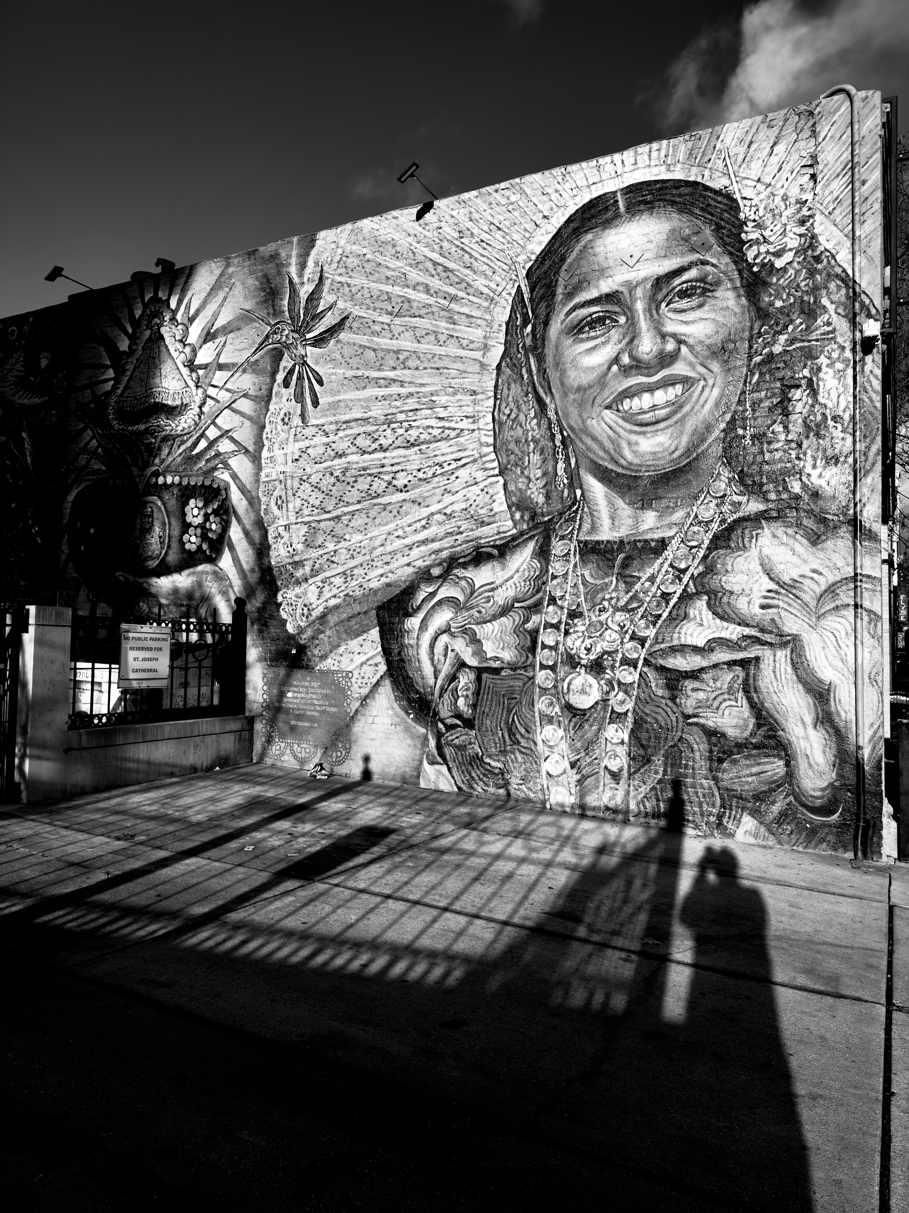 Auto-generated description: A detailed black and white mural depicts a smiling woman adorned with jewelry and traditional attire against a textured background.